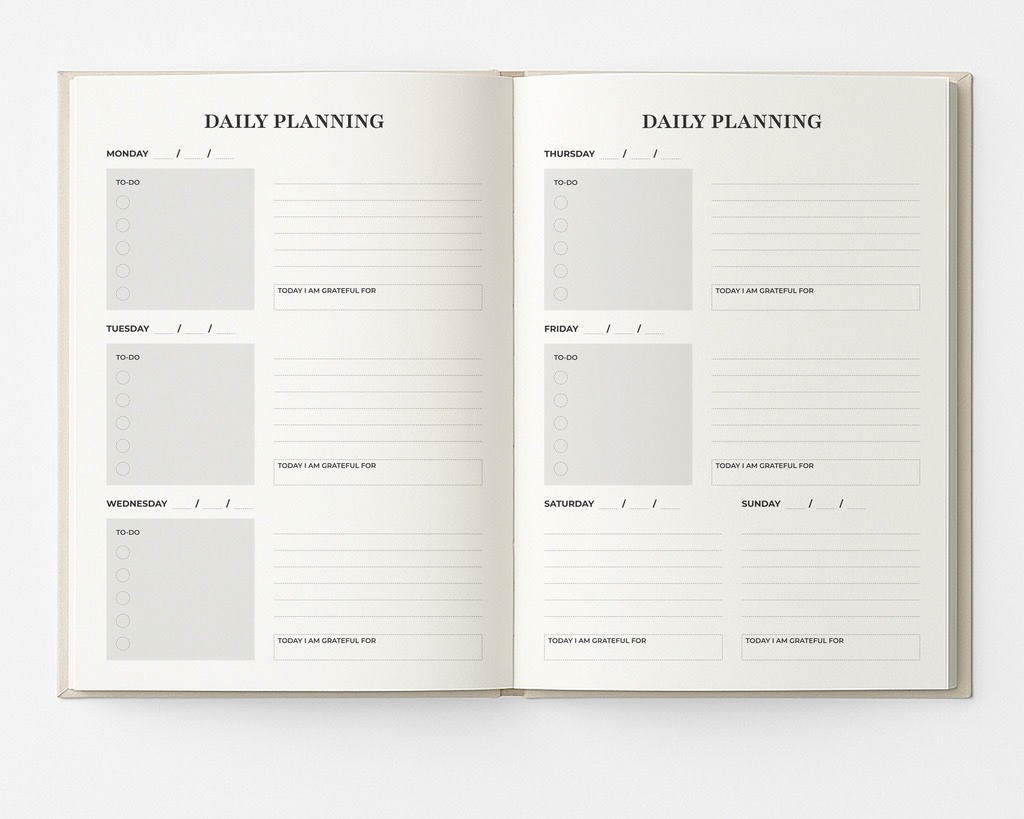 Open My Way Journal showing the daily planning pages for Monday through Sunday, including to-do lists, lined space for notes, and a daily gratitude section in the undated planner and reflection journal.