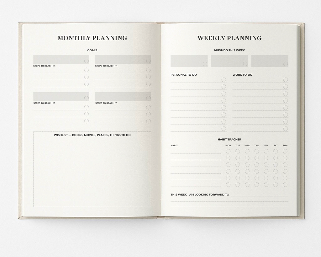 Open My Way Journal showing the monthly planning page with goal sections and a wishlist area, alongside the weekly planning layout with must-do items, personal and work to-dos, a habit tracker, and space for weekly reflections in the undated planner and reflection journal.