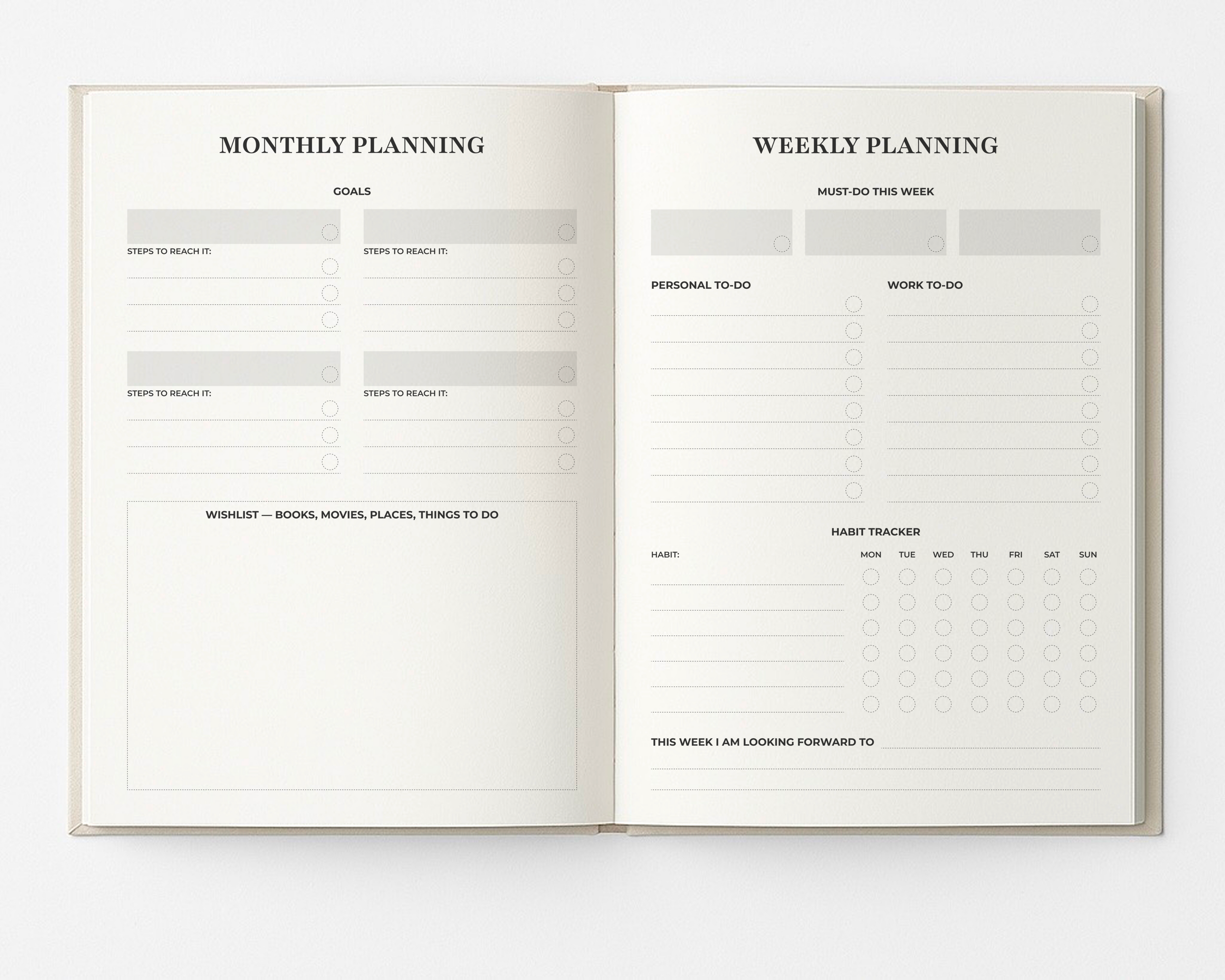 Open My Way Journal showing the monthly planning page with goal sections and a wishlist area, alongside the weekly planning layout with must-do items, personal and work to-dos, a habit tracker, and space for weekly reflections in the undated planner and reflection journal.
