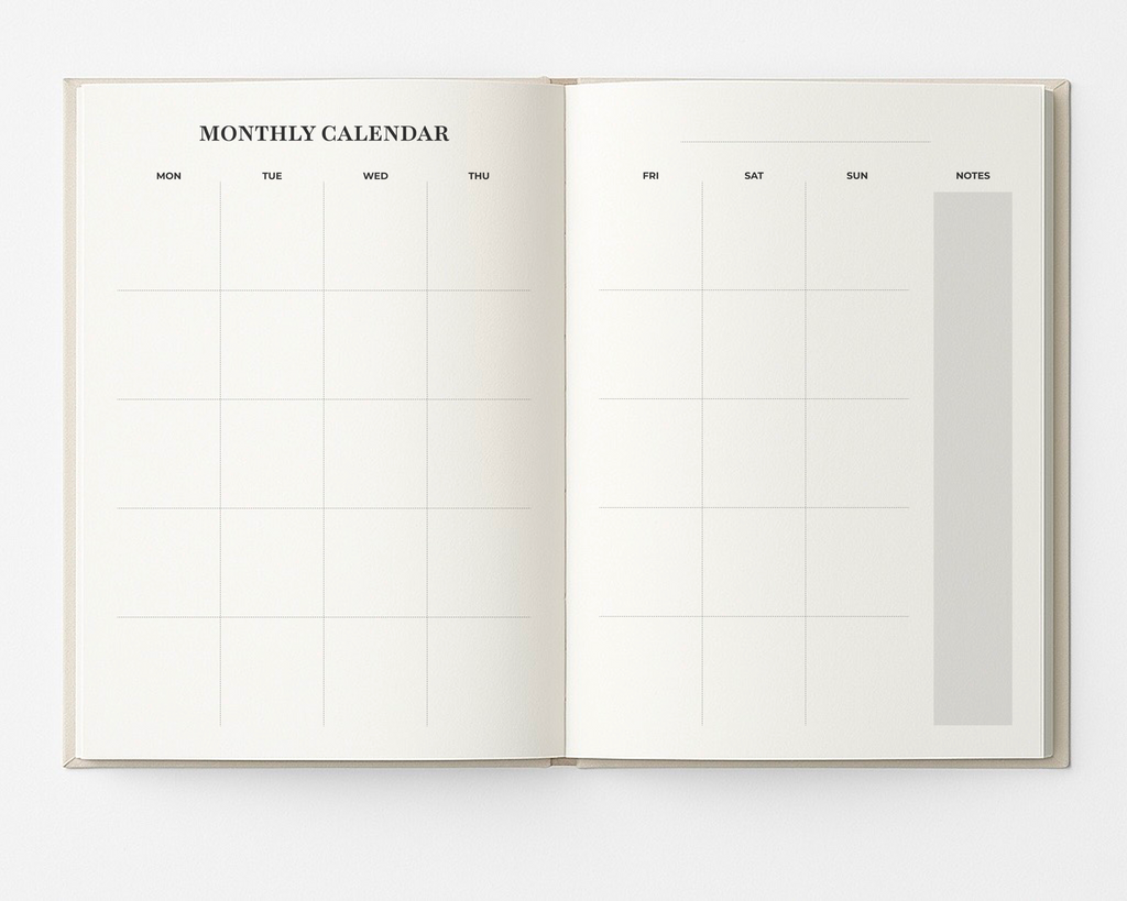 Open My Way Journal showing the monthly calendar layout with a full undated monthly grid and a notes section in the minimalist planner and reflection journal.