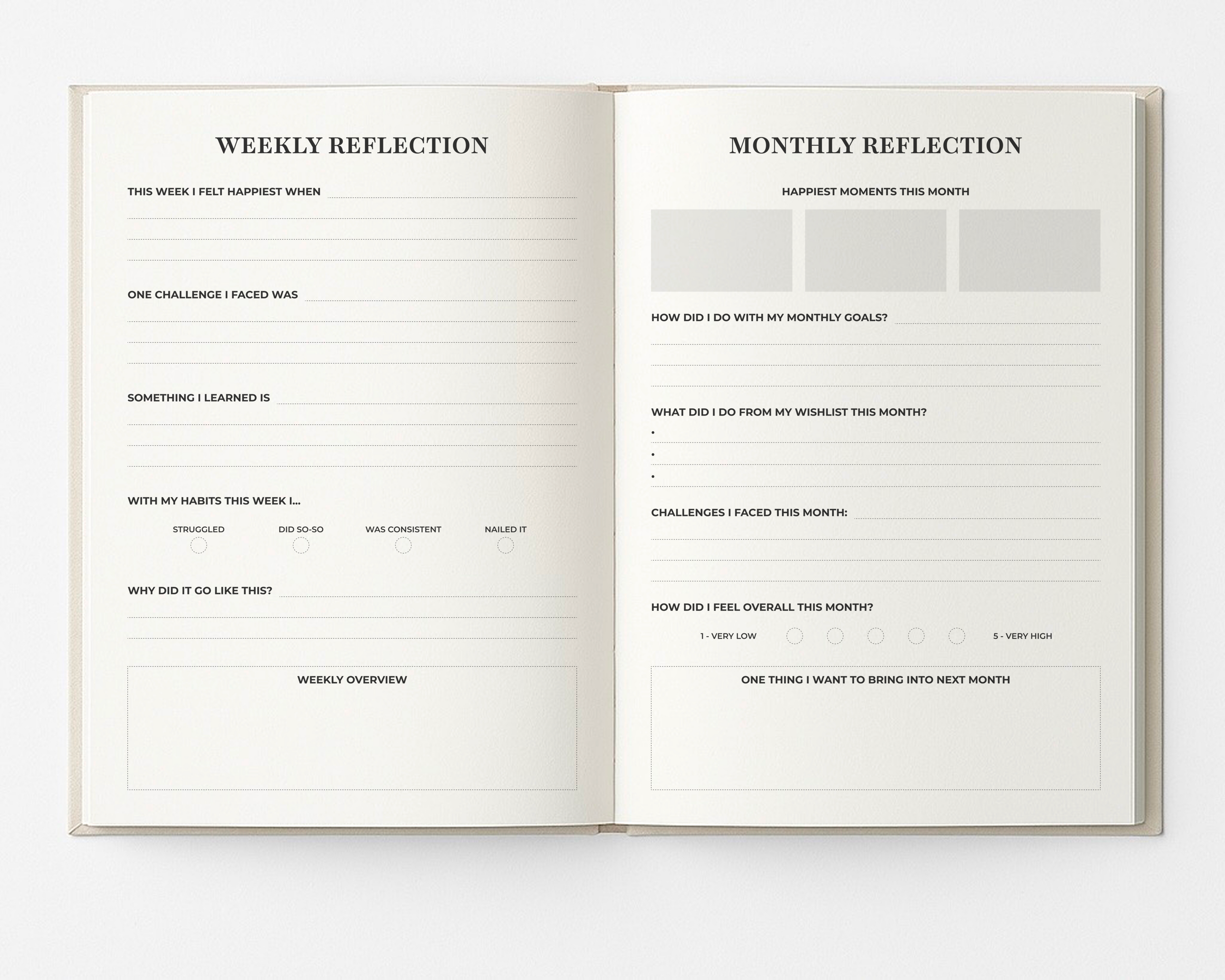 Open My Way Journal showing the weekly reflection page with prompts for gratitude, challenges, lessons, and habit check-ins, alongside the monthly reflection page with sections for happiest moments, goals review, wishlist progress, challenges, overall mood, and intentions for the next month in the undated planner and reflection journal.