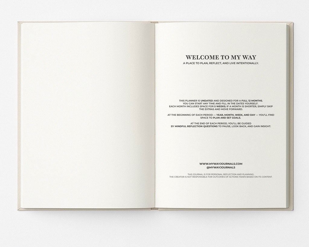 Open My Way Journal showing the welcome page with an introduction to the 12-month undated planner and reflection journal, explaining how to use the monthly, weekly, and daily layouts.