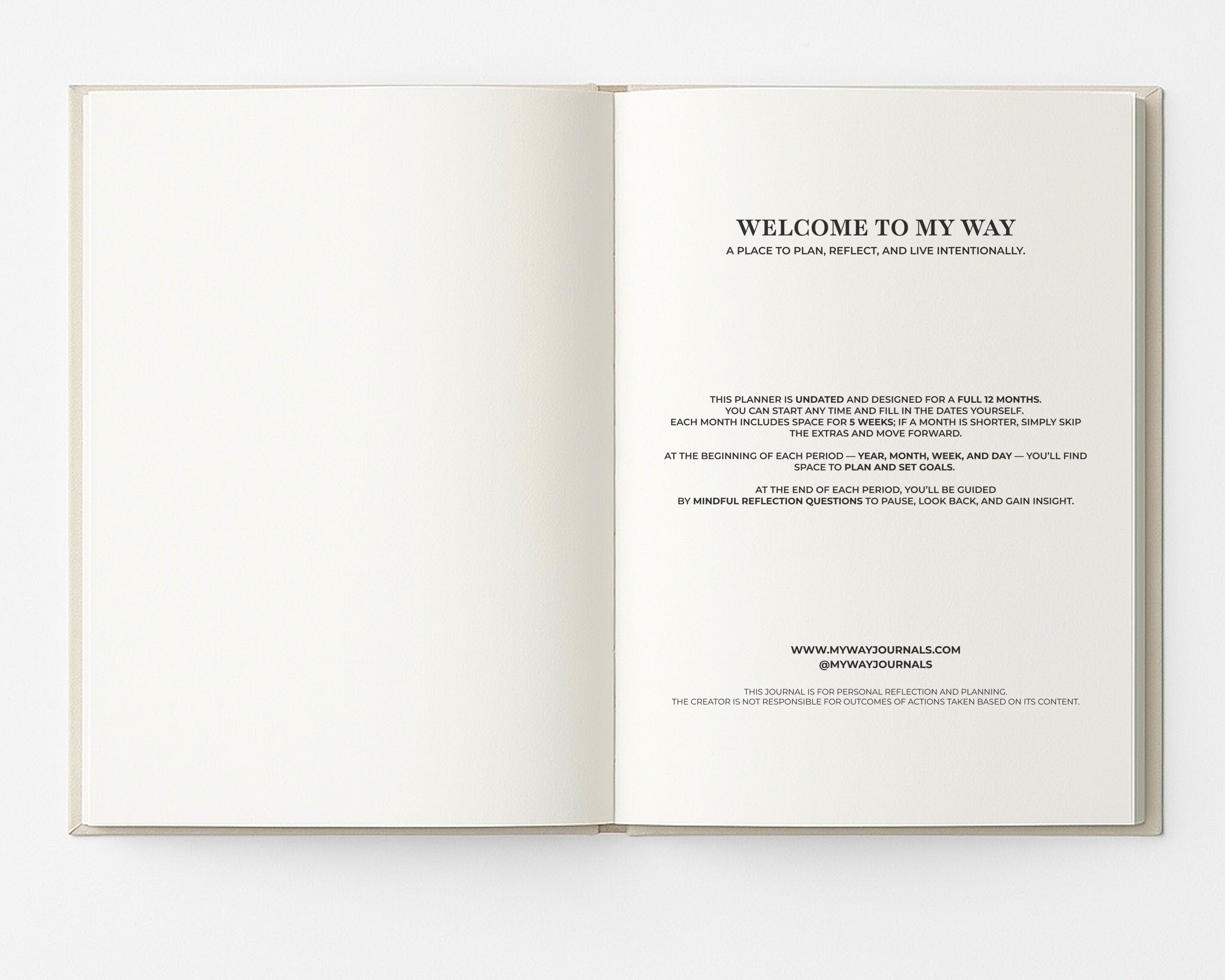 Open My Way Journal showing the welcome page with an introduction to the 12-month undated planner and reflection journal, explaining how to use the monthly, weekly, and daily layouts.