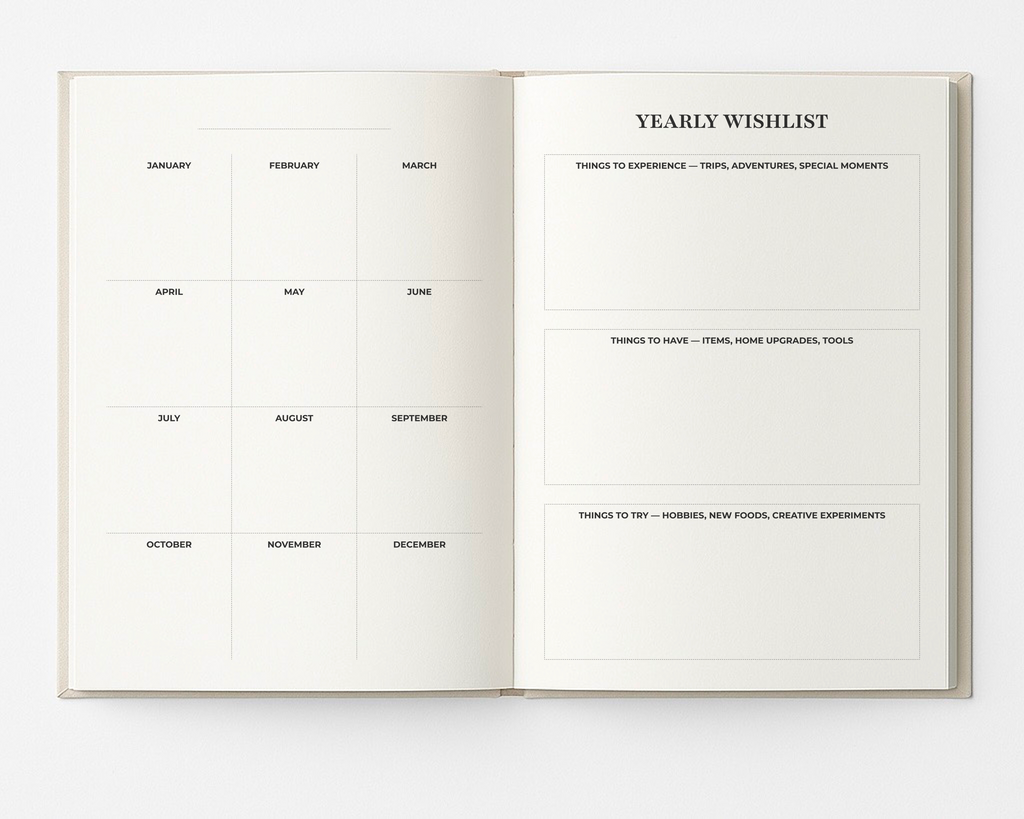 Open My Way Journal showing the yearly calendar page alongside the yearly wishlist section with spaces for experiences, items to have, and things to try in the 12-month undated planner and reflection journal.