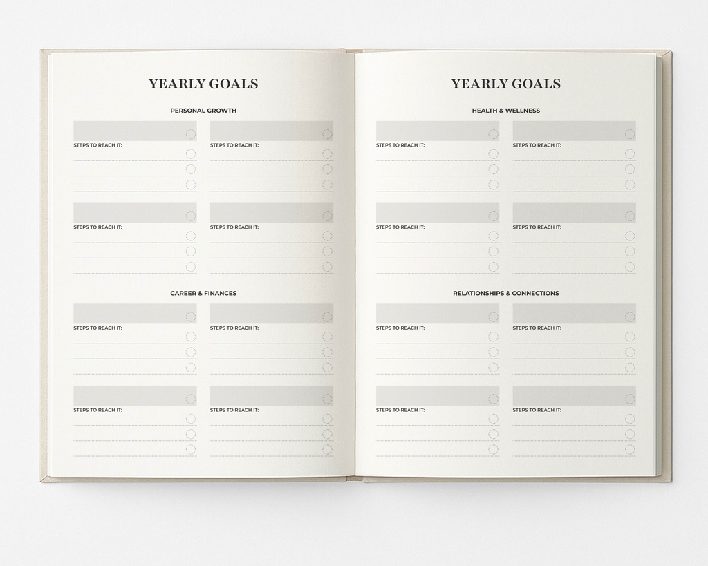 Open My Way Journal showing the yearly goals pages with sections for personal growth, career and finances, health and wellness, and relationships, including step-by-step goal planning in the undated planner and reflection journal.