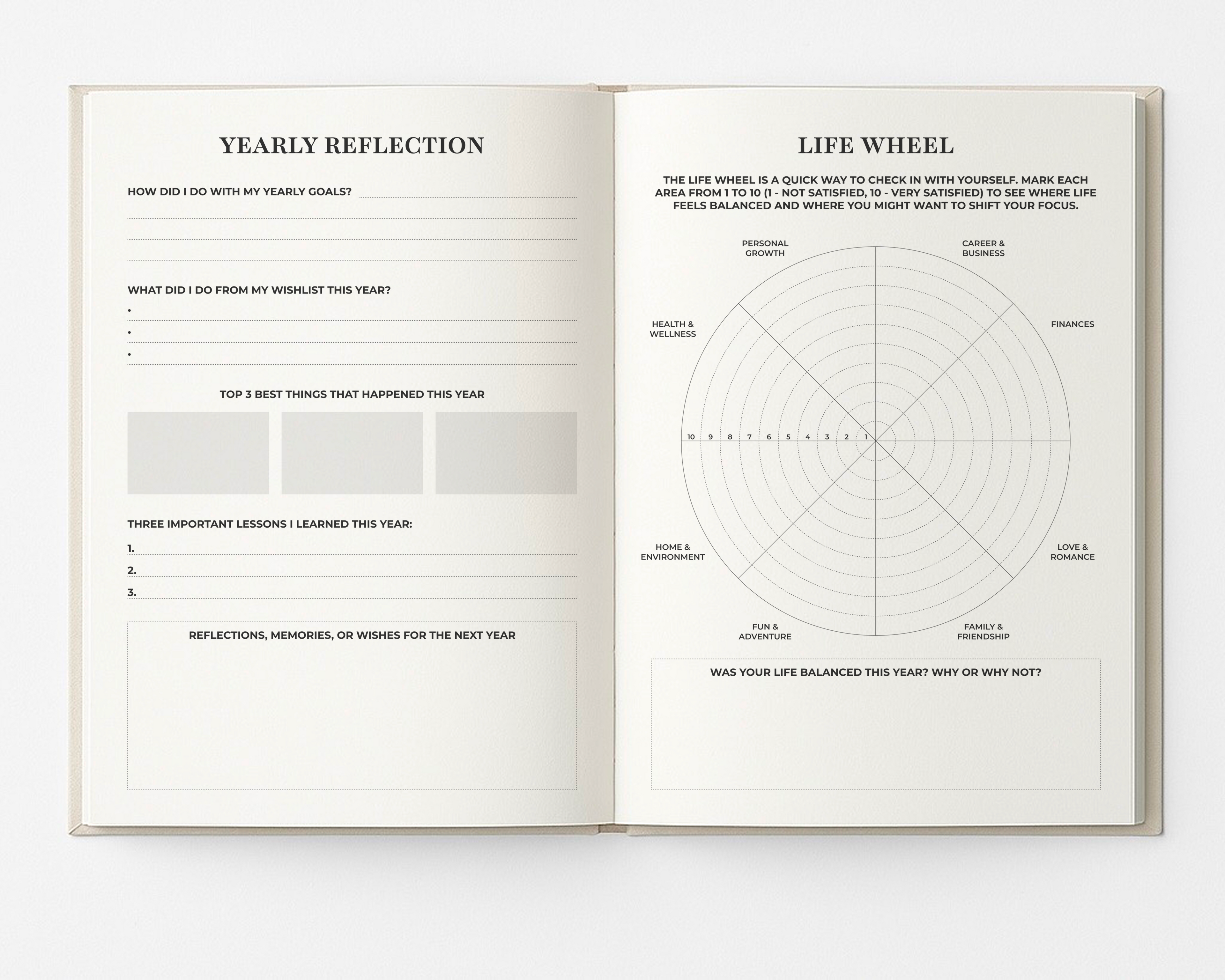 Open My Way Journal showing the yearly reflection page with sections for yearly goals review, wishlist progress, best moments, lessons learned, and reflections for the next year, alongside the life wheel assessment chart for evaluating balance across personal growth, career, relationships, health, and other areas in the undated planner and reflection journal.
